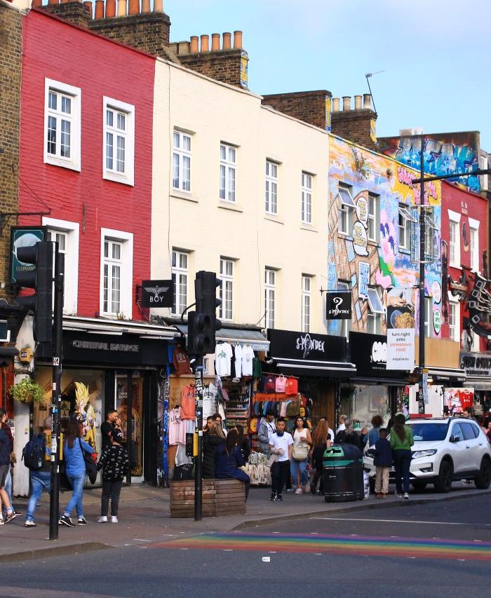 Camden High street shops next to rainbow crossing