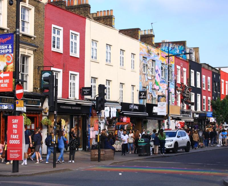 Camden High street shops next to rainbow crossing